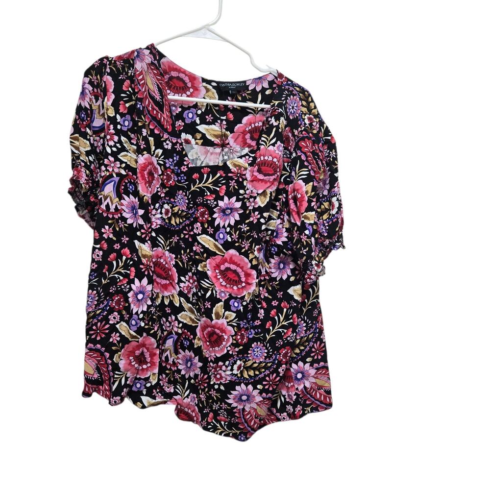 Cynthia Rowley Floral Boho Blouse Puff Sleeve Black 1X